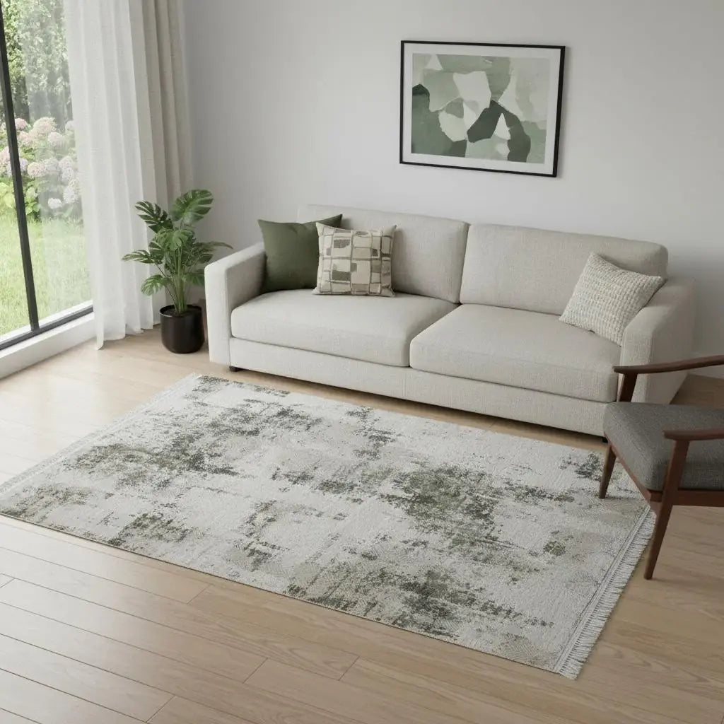 5' X 8' Gray And Green Abstract Distressed Area Rug With Fringe - Homeroots - Flyclothing LLC