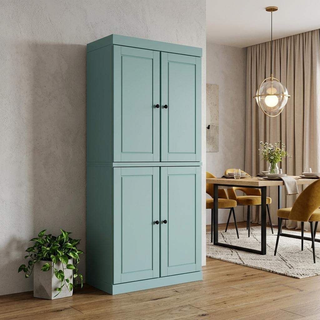 72" Aqua Solid Wood Four Door Pantry Or Storage Closet - HomeRoots - Flyclothing LLC