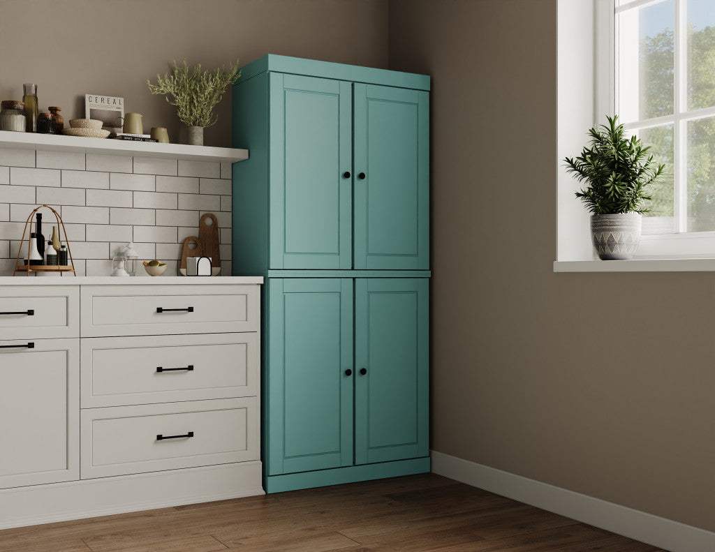 72" Aqua Solid Wood Four Door Pantry Or Storage Closet - HomeRoots - Flyclothing LLC