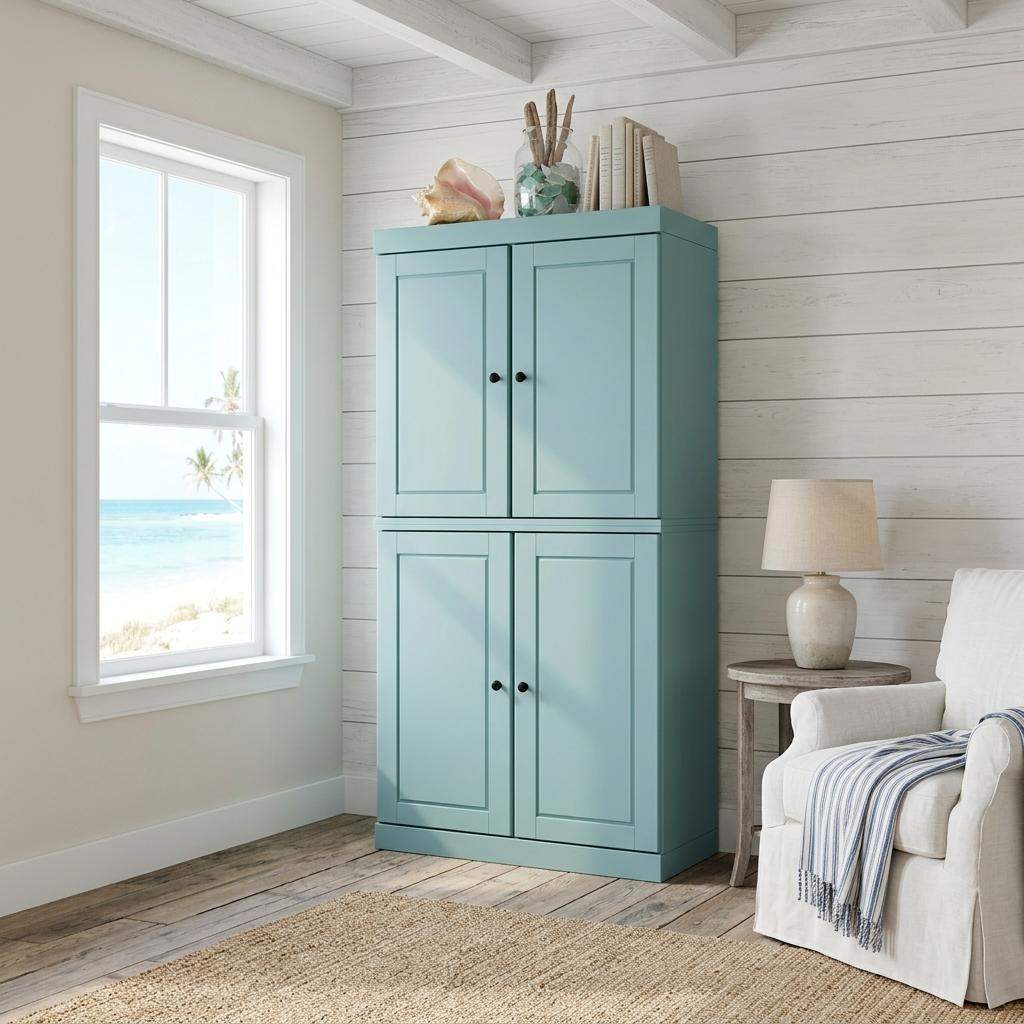 72" Aqua Solid Wood Four Door Pantry Or Storage Closet - HomeRoots - Flyclothing LLC