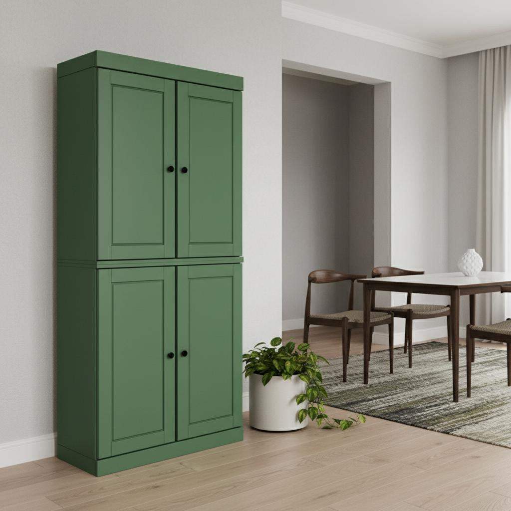 72" Green Solid Wood Four Door Pantry Or Storage Closet - HomeRoots - Flyclothing LLC