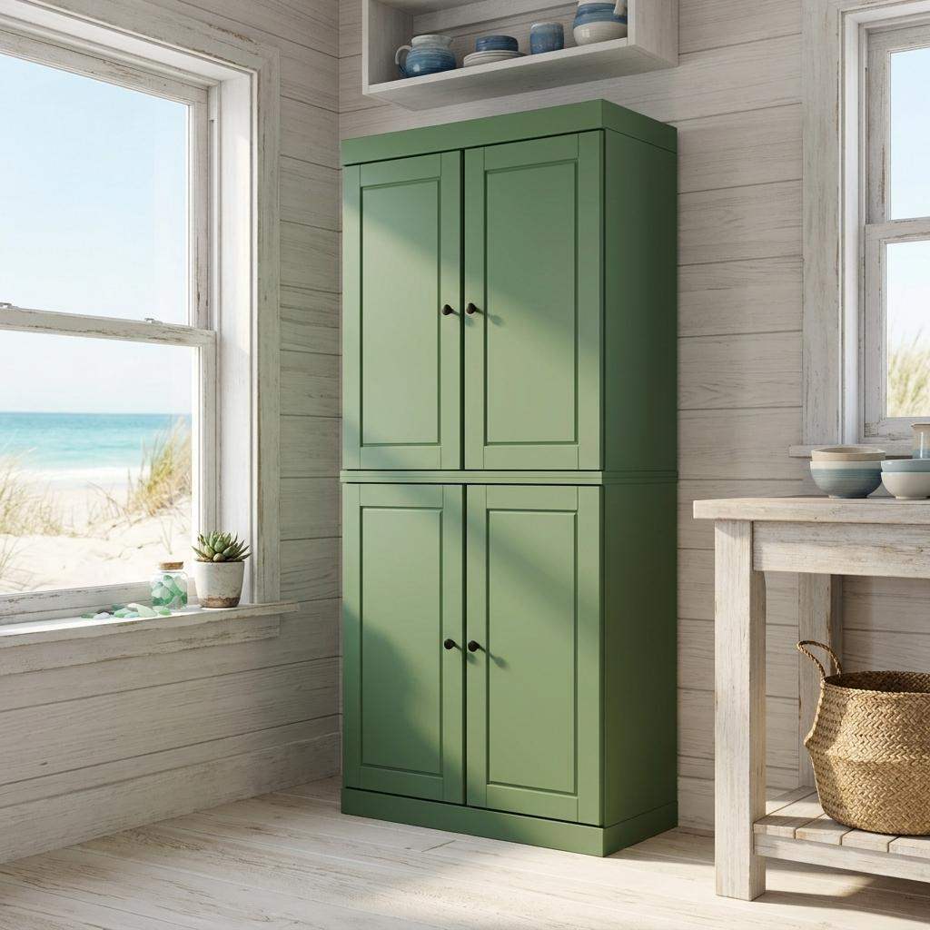 72" Green Solid Wood Four Door Pantry Or Storage Closet - HomeRoots - Flyclothing LLC