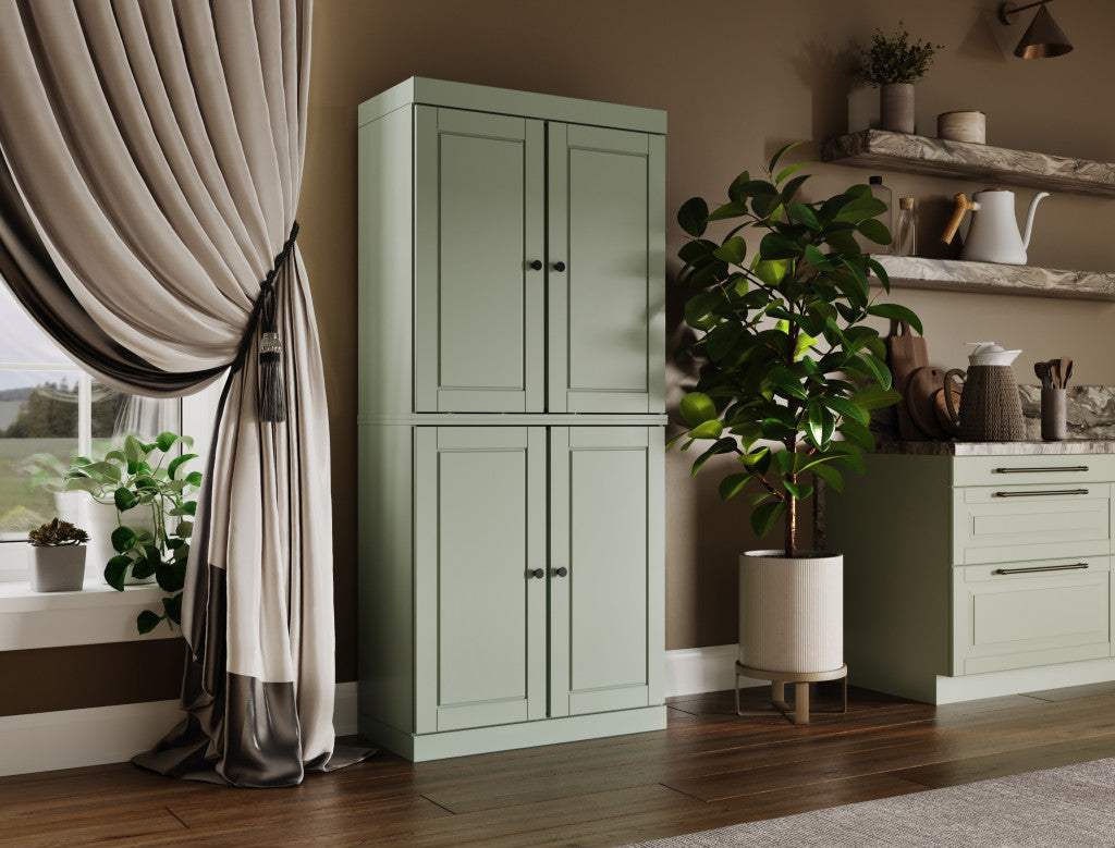 72" Sage Solid Wood Four Door Pantry Or Storage Closet - HomeRoots - Flyclothing LLC