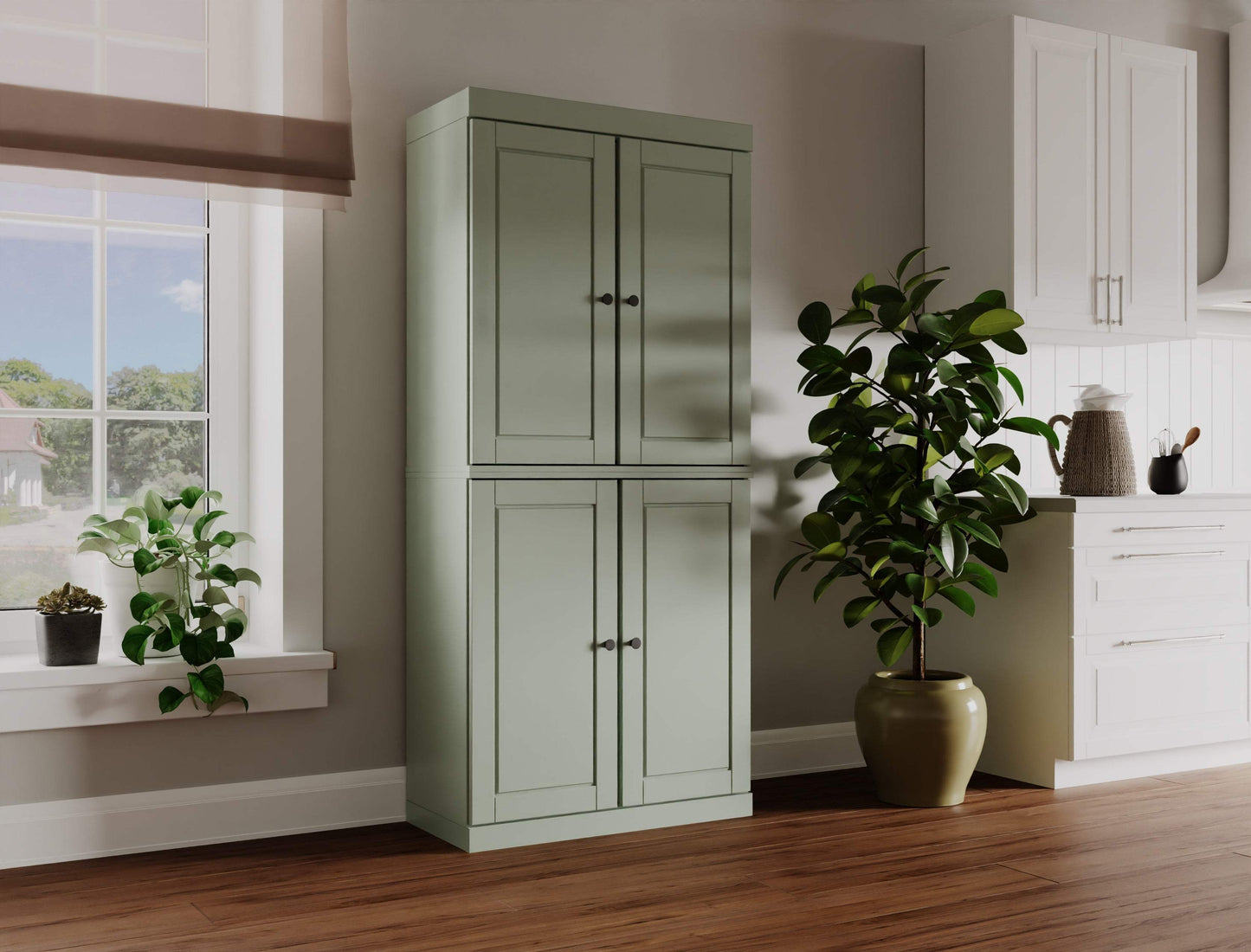 72" Sage Solid Wood Four Door Pantry Or Storage Closet - HomeRoots - Flyclothing LLC