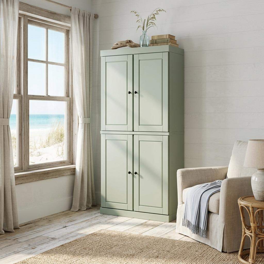 72" Sage Solid Wood Four Door Pantry Or Storage Closet - HomeRoots - Flyclothing LLC