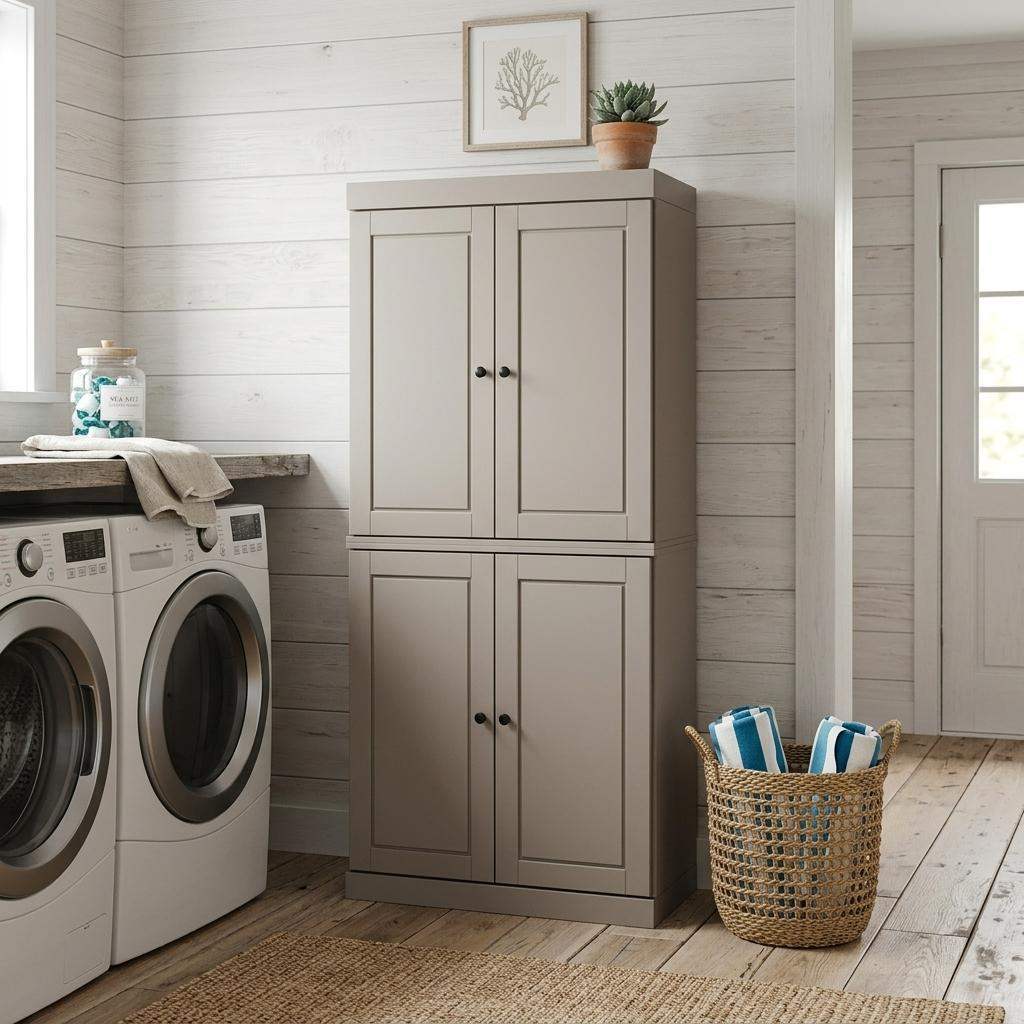 72" Beige Solid Wood Four Door Pantry Or Storage Closet - HomeRoots - Flyclothing LLC