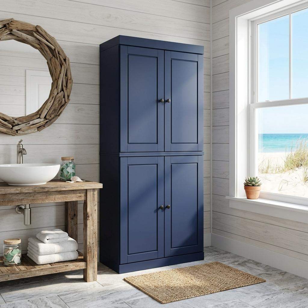72" Navy Blue Solid Wood Four Door Pantry Or Storage Closet - HomeRoots - Flyclothing LLC