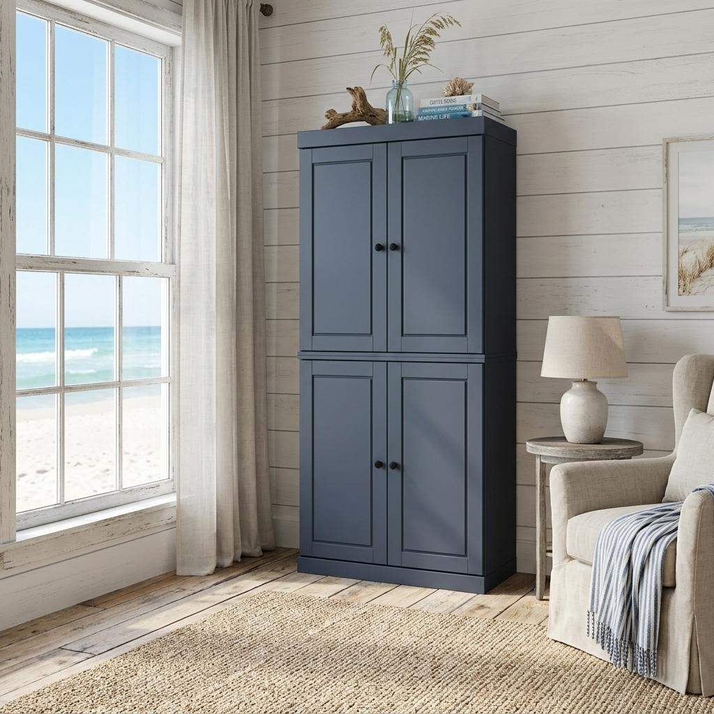 72" French Blue Solid Wood Four Door Pantry Or Storage Closet - HomeRoots - Flyclothing LLC