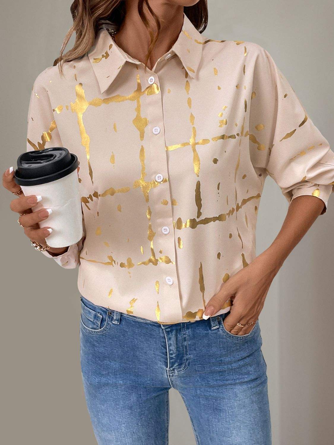 Perfee Printed Collared Neck Long Sleeve Shirt - Trendsi - Flyclothing LLC