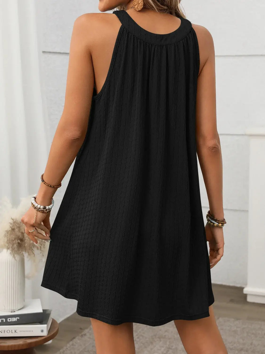 Textured Grecian Neck Mini Dress - Trendsi - Flyclothing LLC