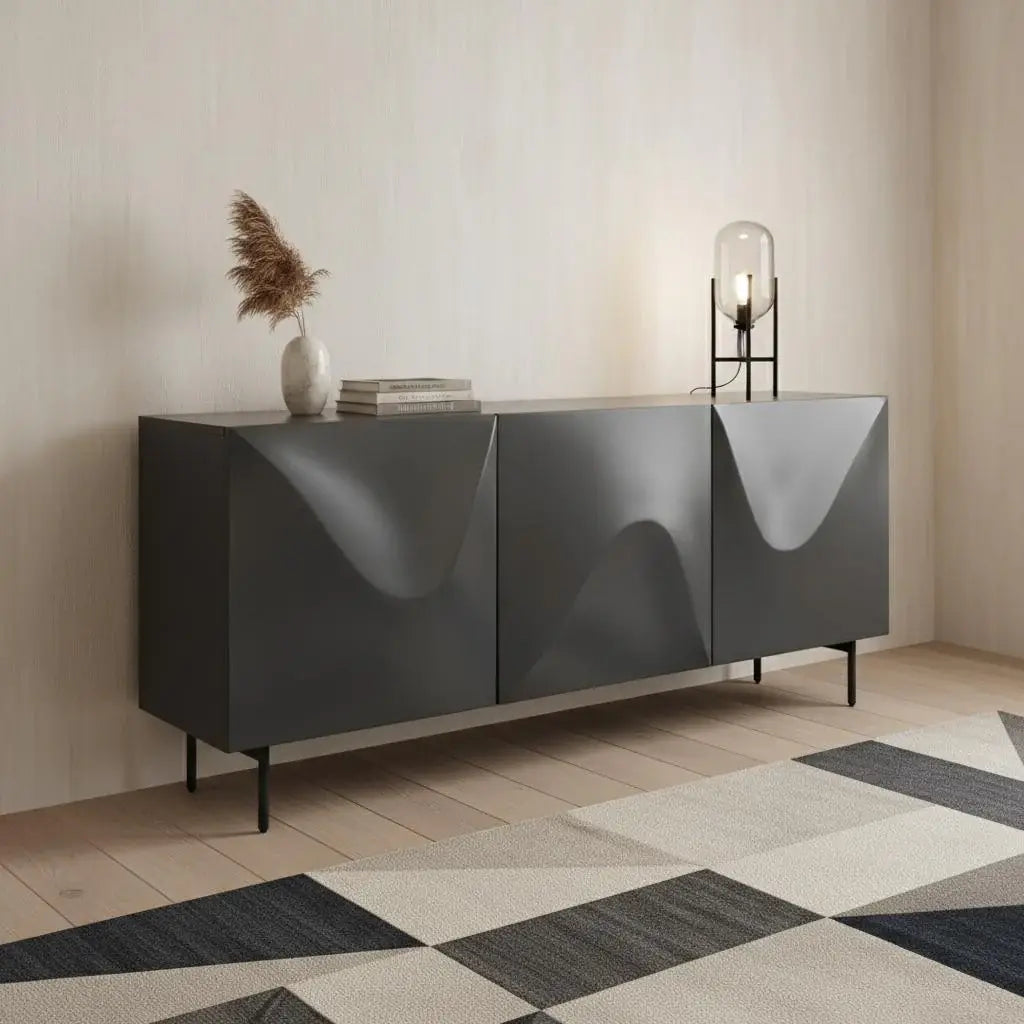 71" Dark Gray Wood Carved Abstract Sideboard With Three Doors - Homeroots - Flyclothing LLC