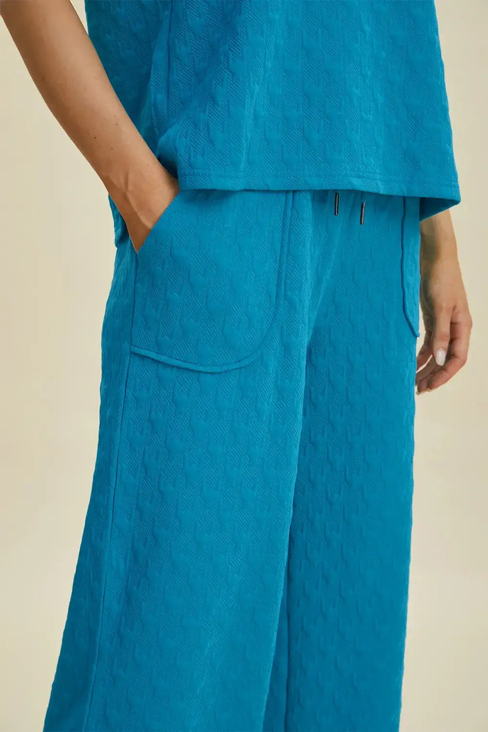 Double Take Full Size Texture Drawstring Short Sleeve Hoodie and Pocketed Pants Set - Trendsi - Flyclothing LLC