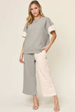 Double Take Full Size Texture Contrast T-Shirt and Wide Leg Pants Set - Trendsi - Flyclothing LLC