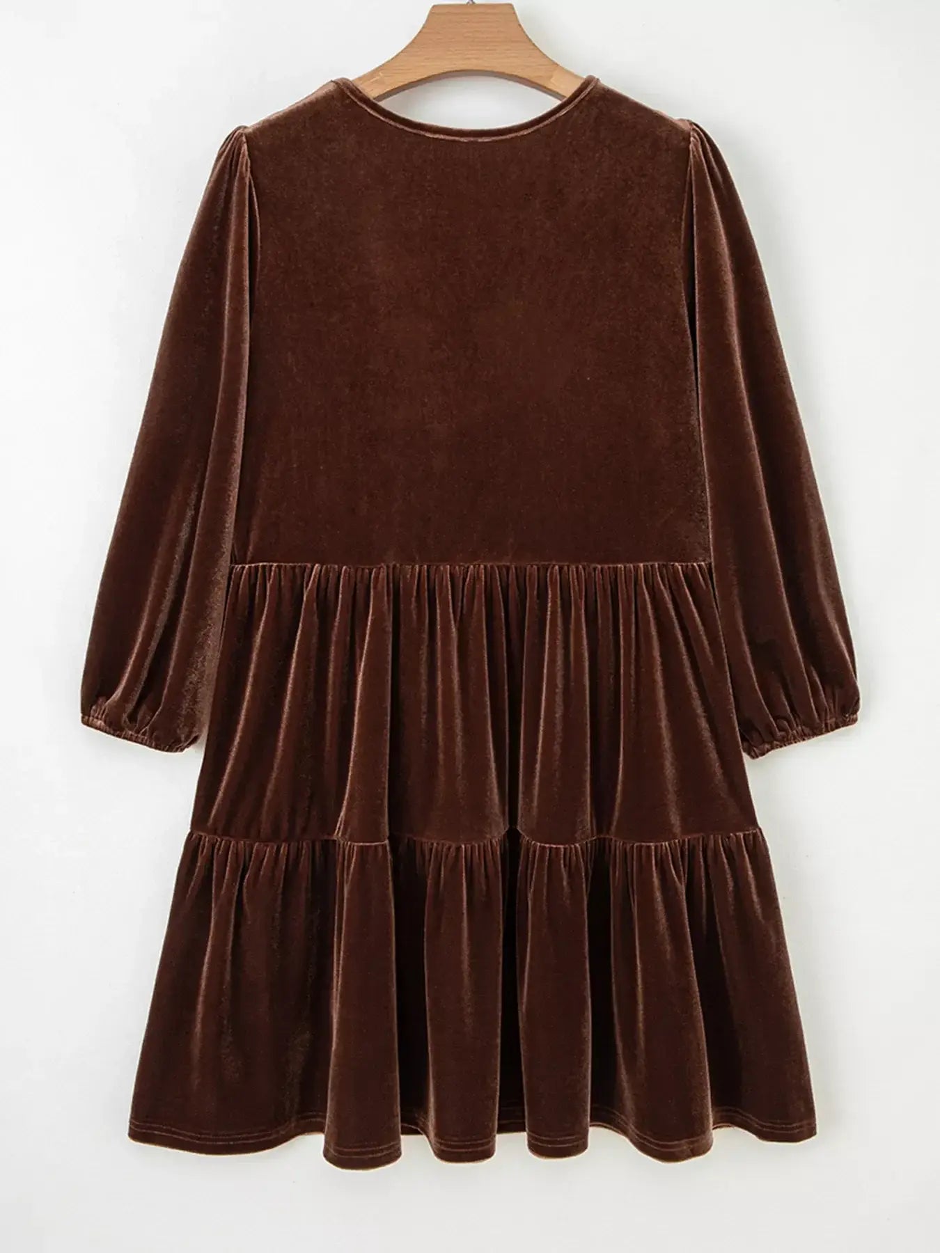 Solid Color Velvet V Neck Long Sleeve Tiered Mini Dress - Trendsi - Flyclothing LLC