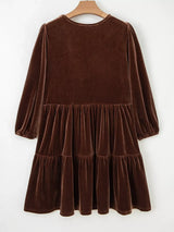Solid Color Velvet V Neck Long Sleeve Tiered Mini Dress - Trendsi - Flyclothing LLC