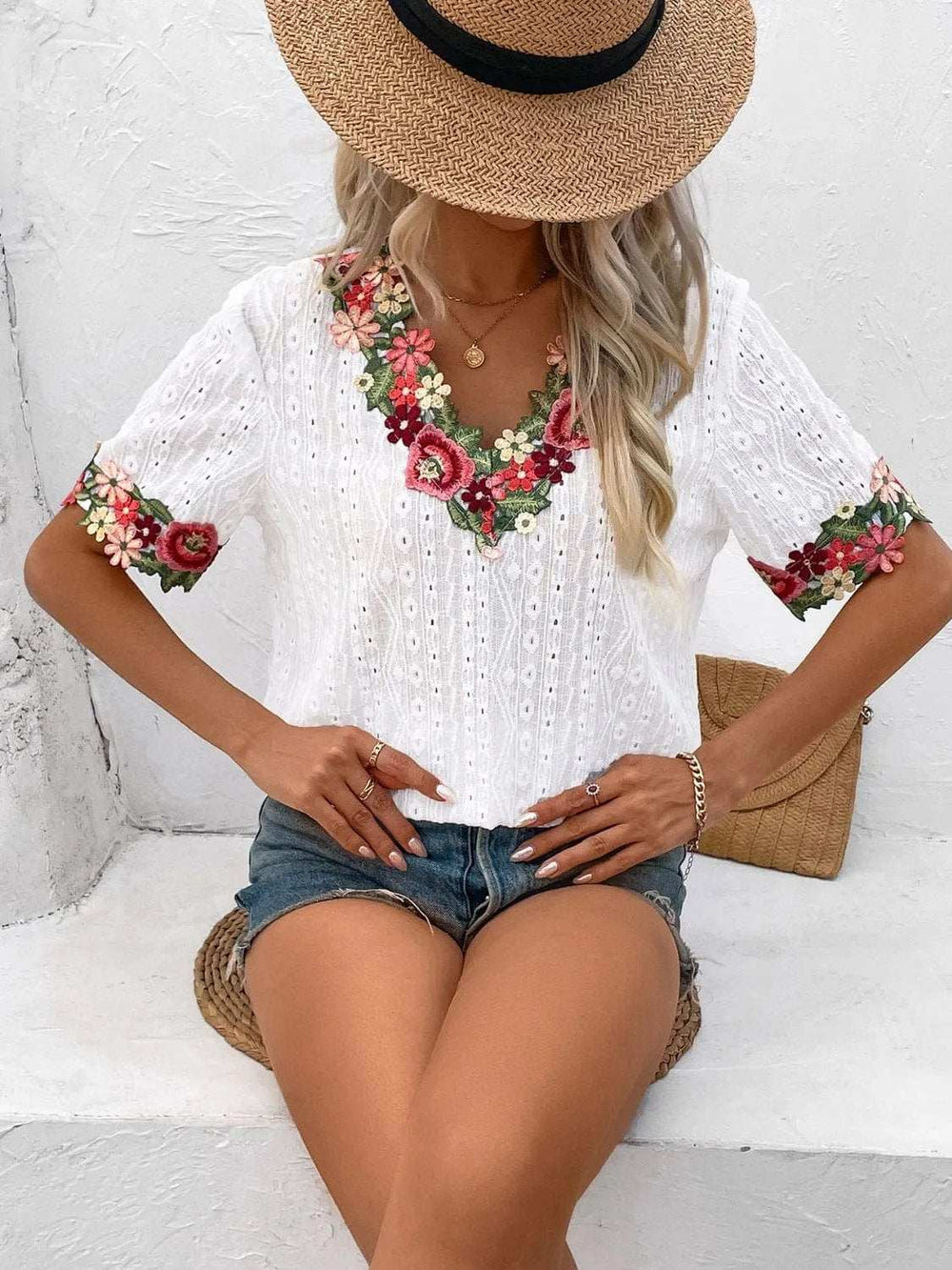 Eyelet Embroidered V-Neck Short Sleeve Blouse - Trendsi - Flyclothing LLC