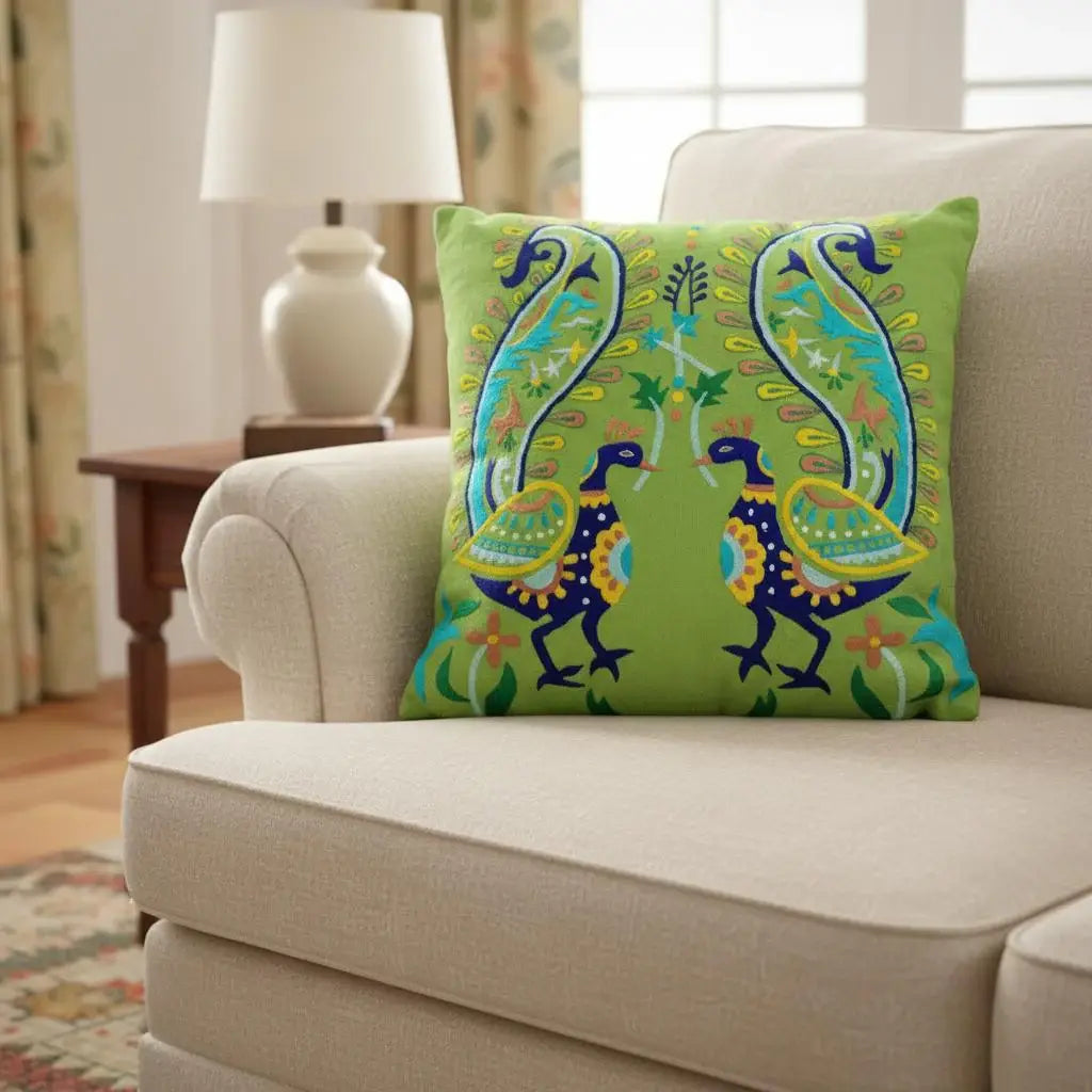 Set of Two 18" Blue And Green Peacock Cotton Throw Pillows with Embroidery - Homeroots - Flyclothing LLC
