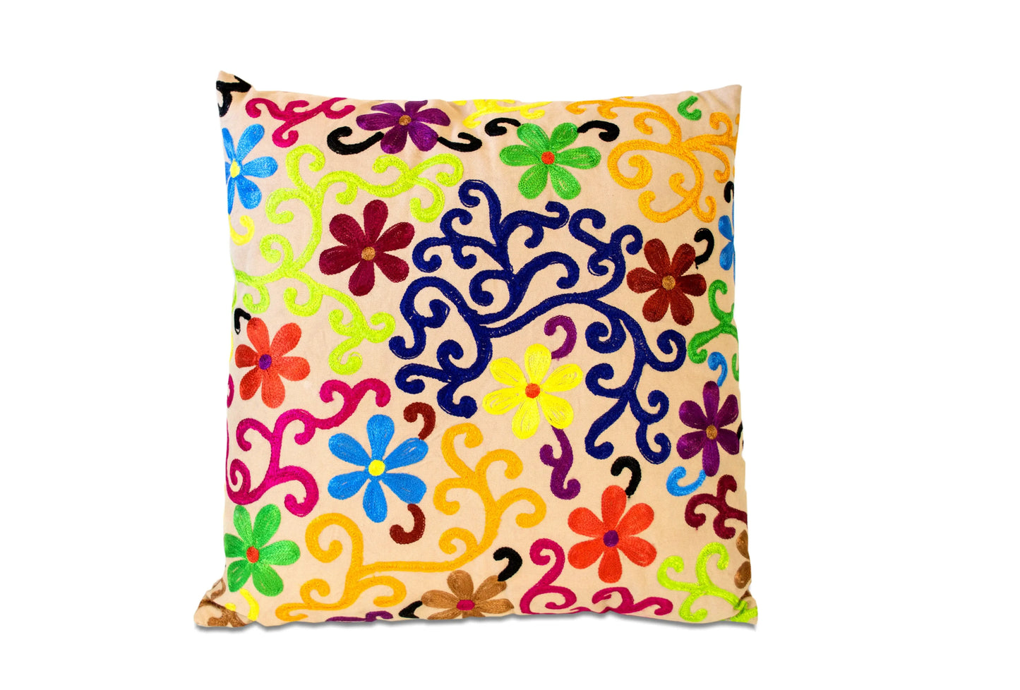 Set of Two 20" Natural Blue And Yellow Floral Cotton Throw Pillows with Embroidery - Homeroots - Flyclothing LLC