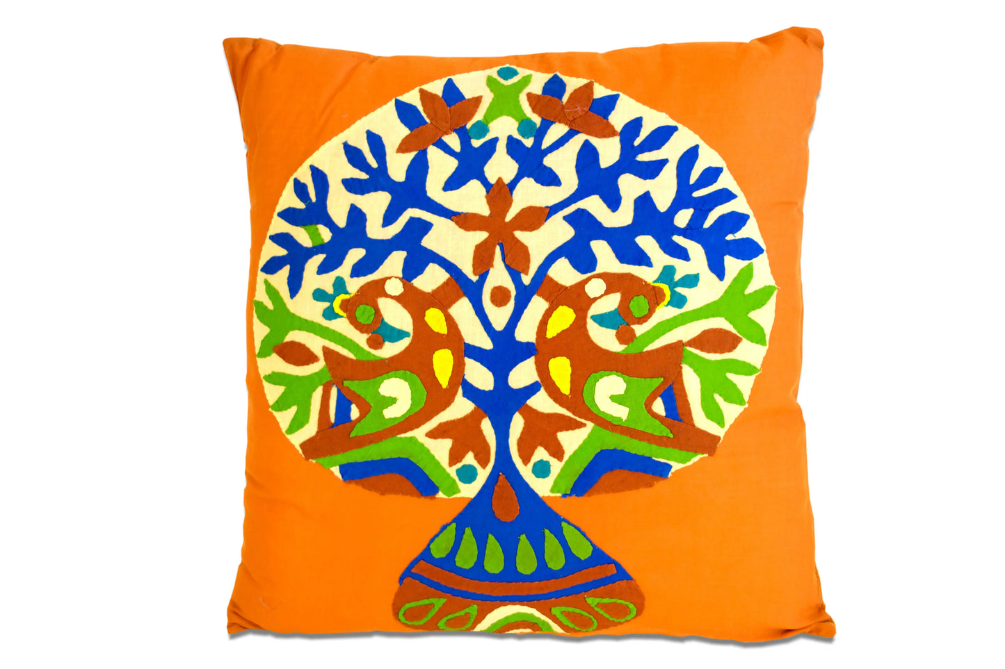 Set of Two 16" Orange And Blue Patchwork Tree Cotton Throw Pillows with Applique And Embroidery - Homeroots - Flyclothing LLC