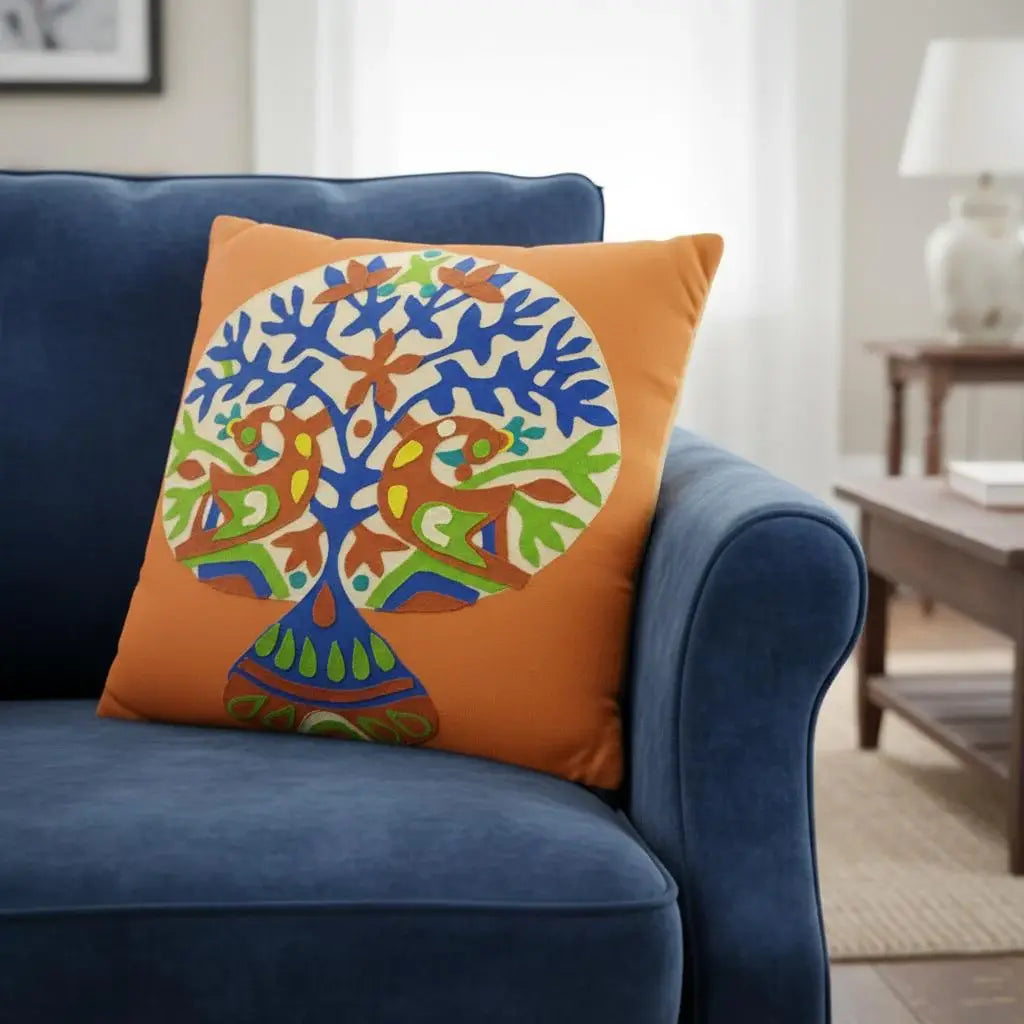 Set of Two 16" Orange And Blue Patchwork Tree Cotton Throw Pillows with Applique And Embroidery - Homeroots - Flyclothing LLC