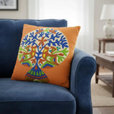 Set of Two 16" Orange And Blue Patchwork Tree Cotton Throw Pillows with Applique And Embroidery - Homeroots - Flyclothing LLC