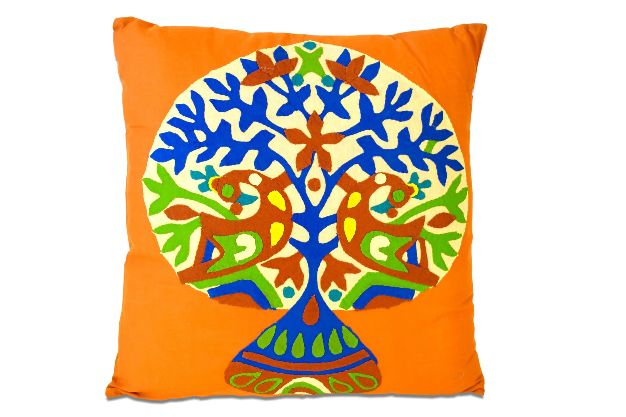 Set of Two 16" Orange And Blue Patchwork Tree Cotton Throw Pillows with Applique And Embroidery - Homeroots - Flyclothing LLC
