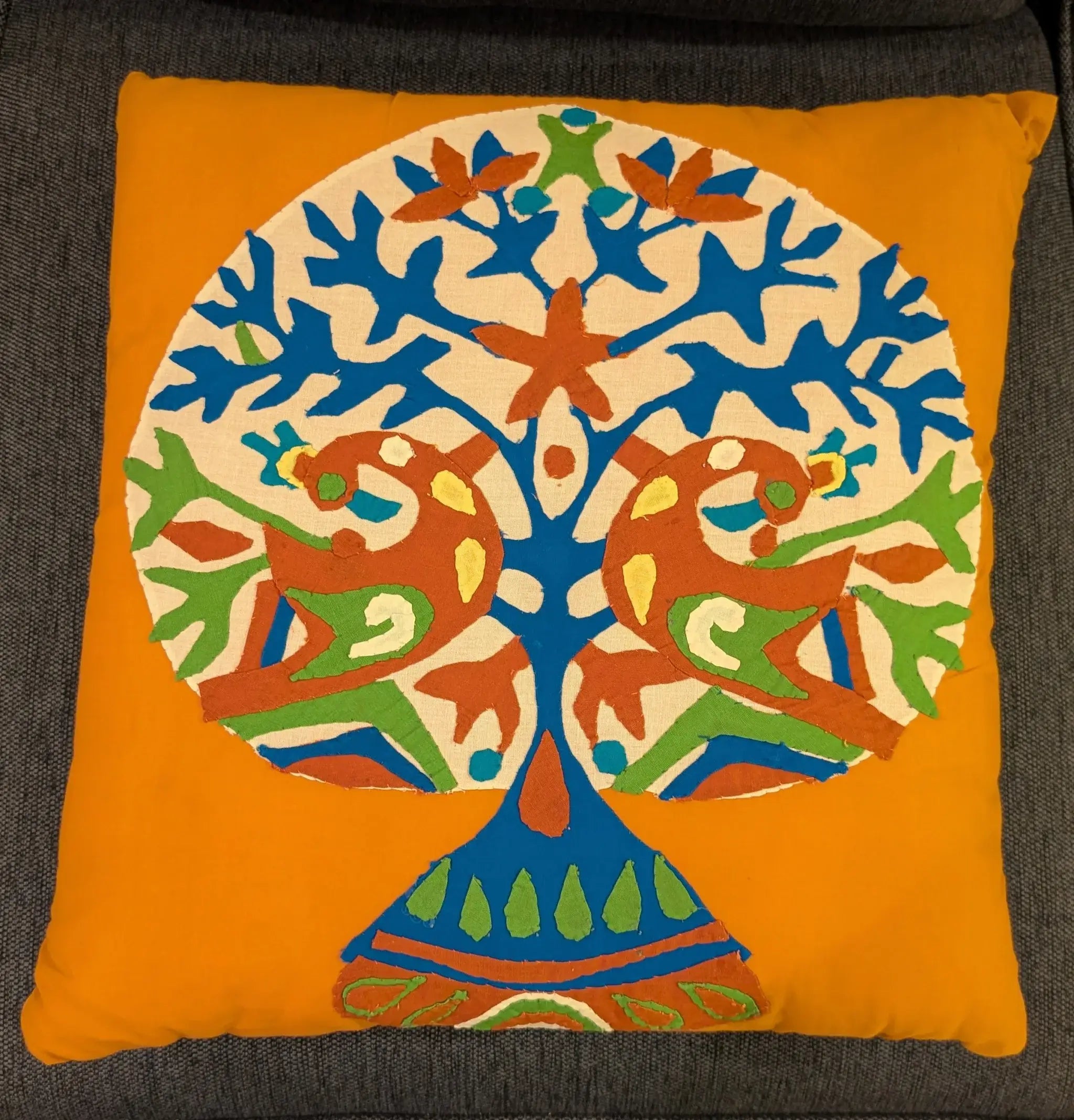 Set of Two 16" Orange And Blue Patchwork Tree Cotton Throw Pillows with Applique And Embroidery - Homeroots - Flyclothing LLC