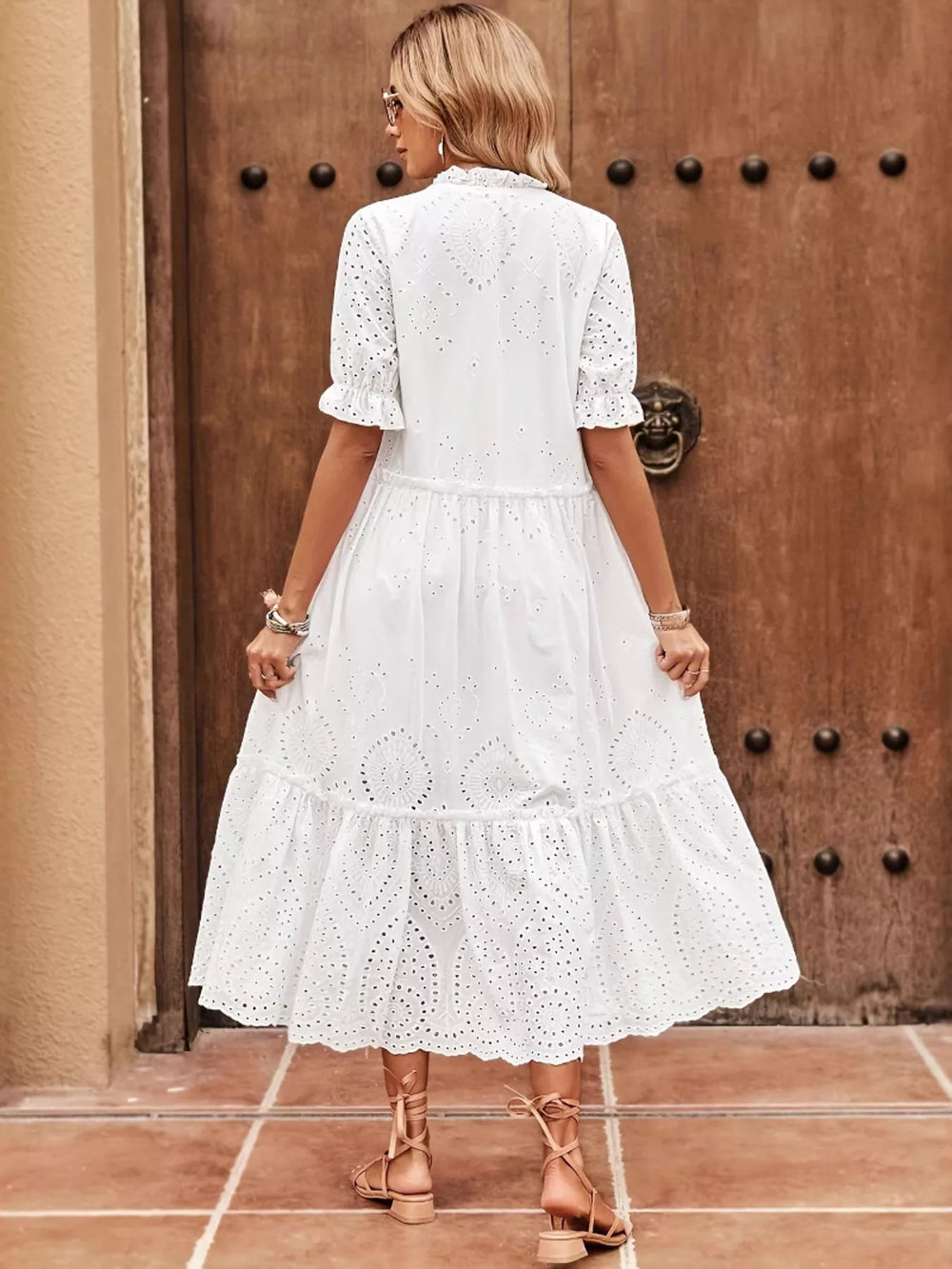 Eyelet Tie Neck Half Sleeve Midi Dress - Trendsi - Flyclothing LLC