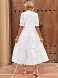 Eyelet Tie Neck Half Sleeve Midi Dress - Trendsi - Flyclothing LLC