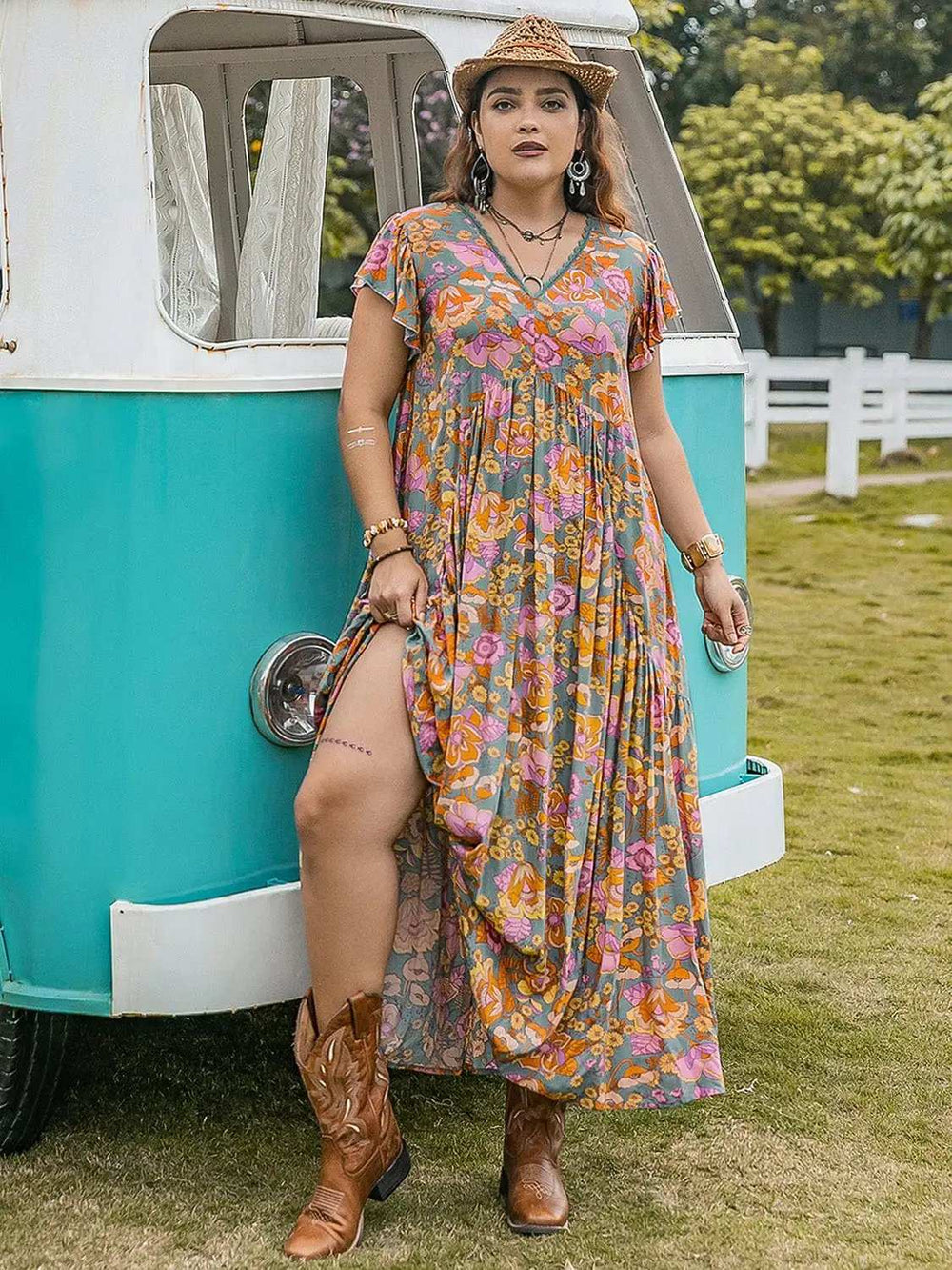 Plus Size Ruffled Printed Cap Sleeve Dress - Trendsi - Flyclothing LLC