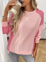 Color Block Waffle Knit Long Sleeve T-Shirt - Trendsi - Flyclothing LLC