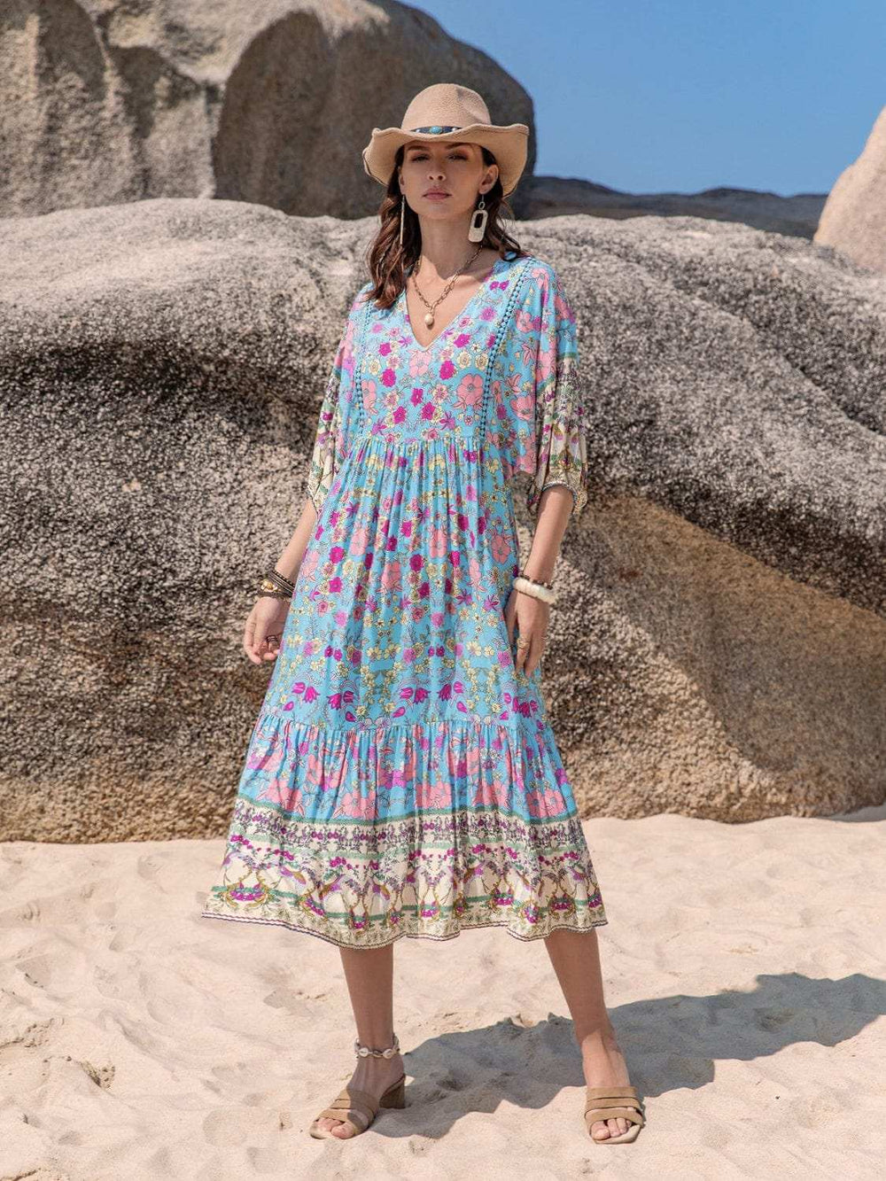 Printed Puff Sleeve Ruched Midi Dress - Trendsi - Flyclothing LLC