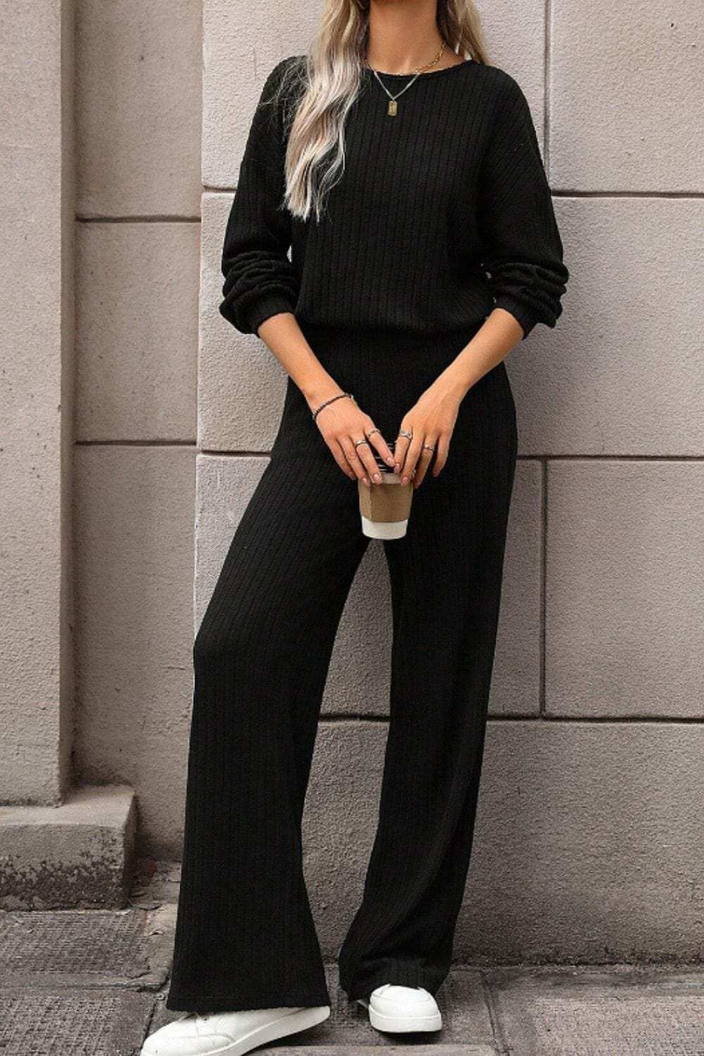 Round Neck Long Sleeve Jumpsuit - Trendsi - Flyclothing LLC