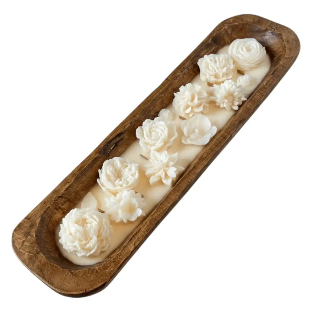 20" Ivory Eucalyptus Scented Six Wick Candle In Brown Distressed Wood Oval Dough Bowl - Homeroots - Flyclothing LLC
