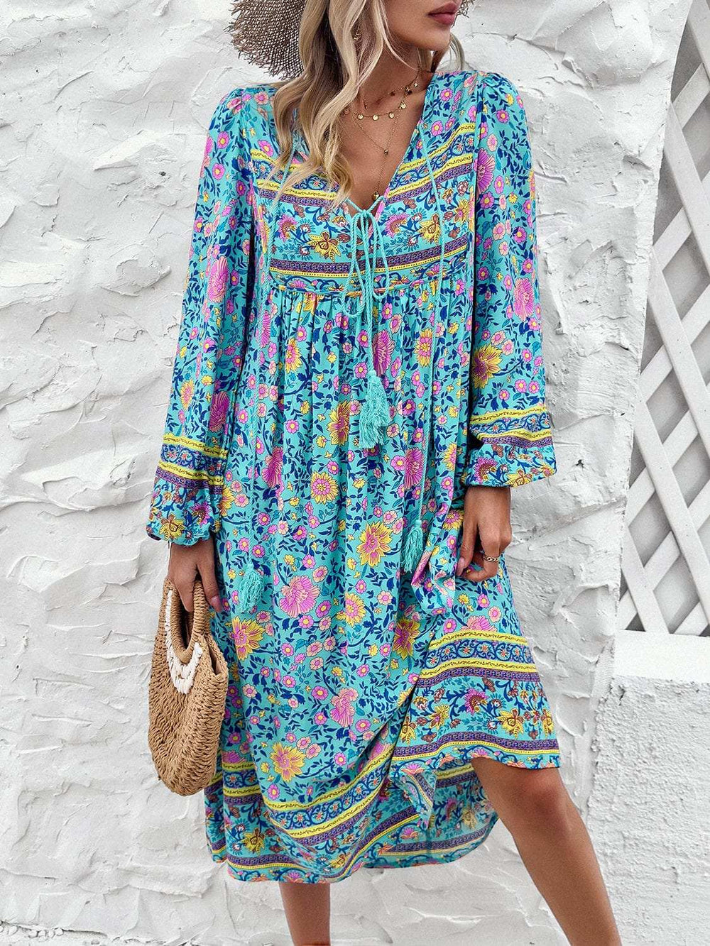 Tassel Tied Printed Long Sleeve Dress - Trendsi - Flyclothing LLC