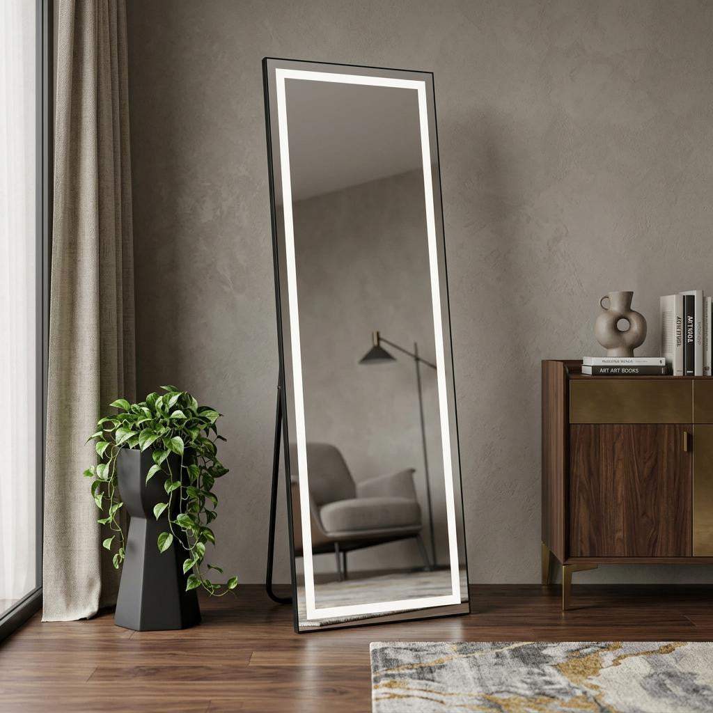 65" Black Aluminum Lighted Wall Mounted And Freestanding Framed Full Length Mirror - HomeRoots - Flyclothing LLC