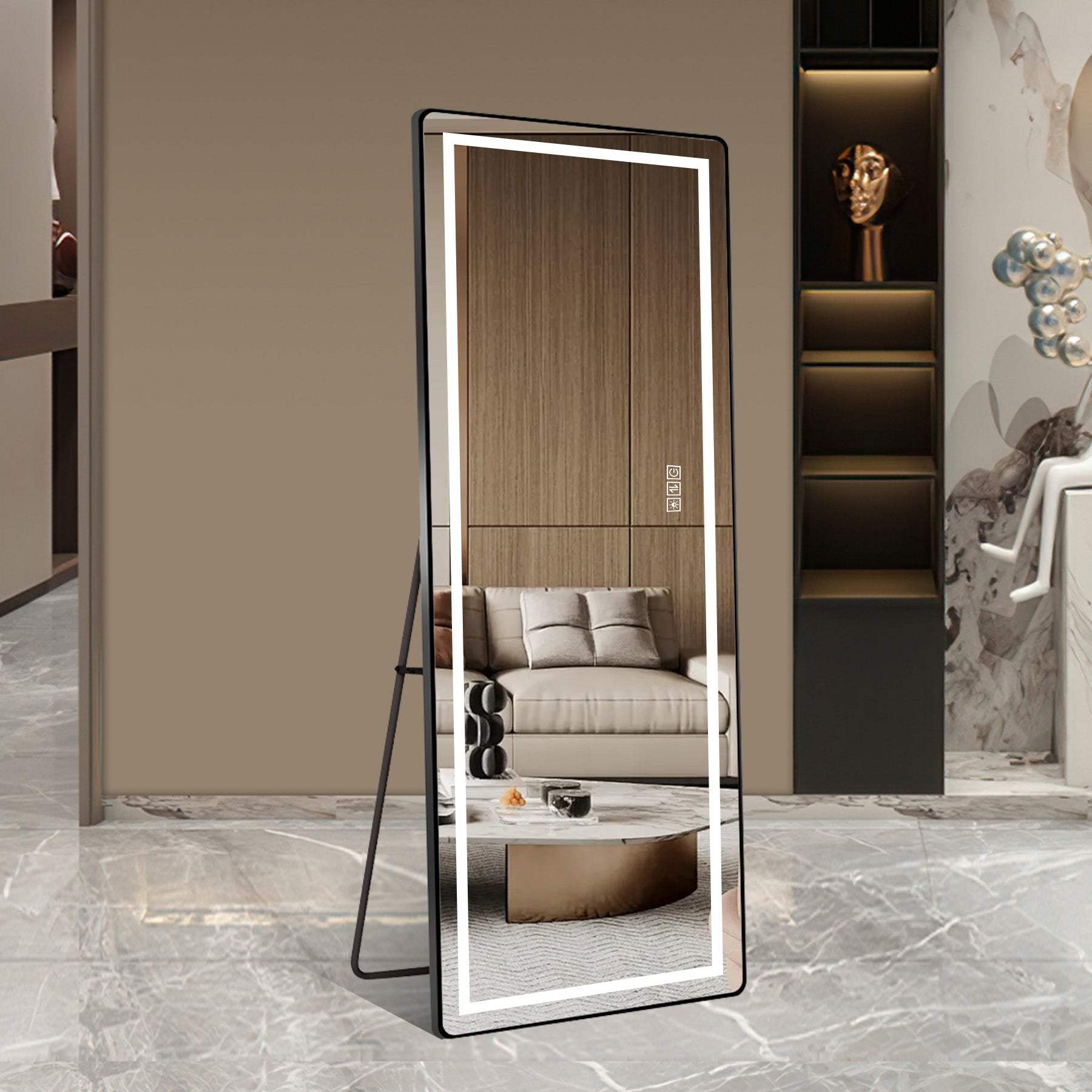64" Black Aluminum Lighted Wall Mounted And Freestanding Framed Full Length Mirror - HomeRoots - Flyclothing LLC