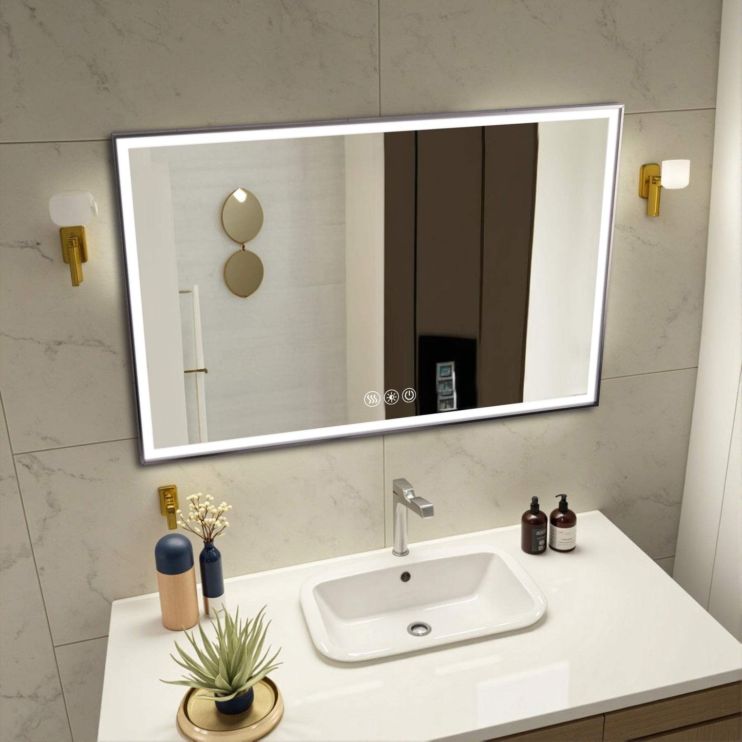 32" Silver Aluminum Lighted Framed Anti Fog Bathroom Vanity Mirror - HomeRoots - Flyclothing LLC