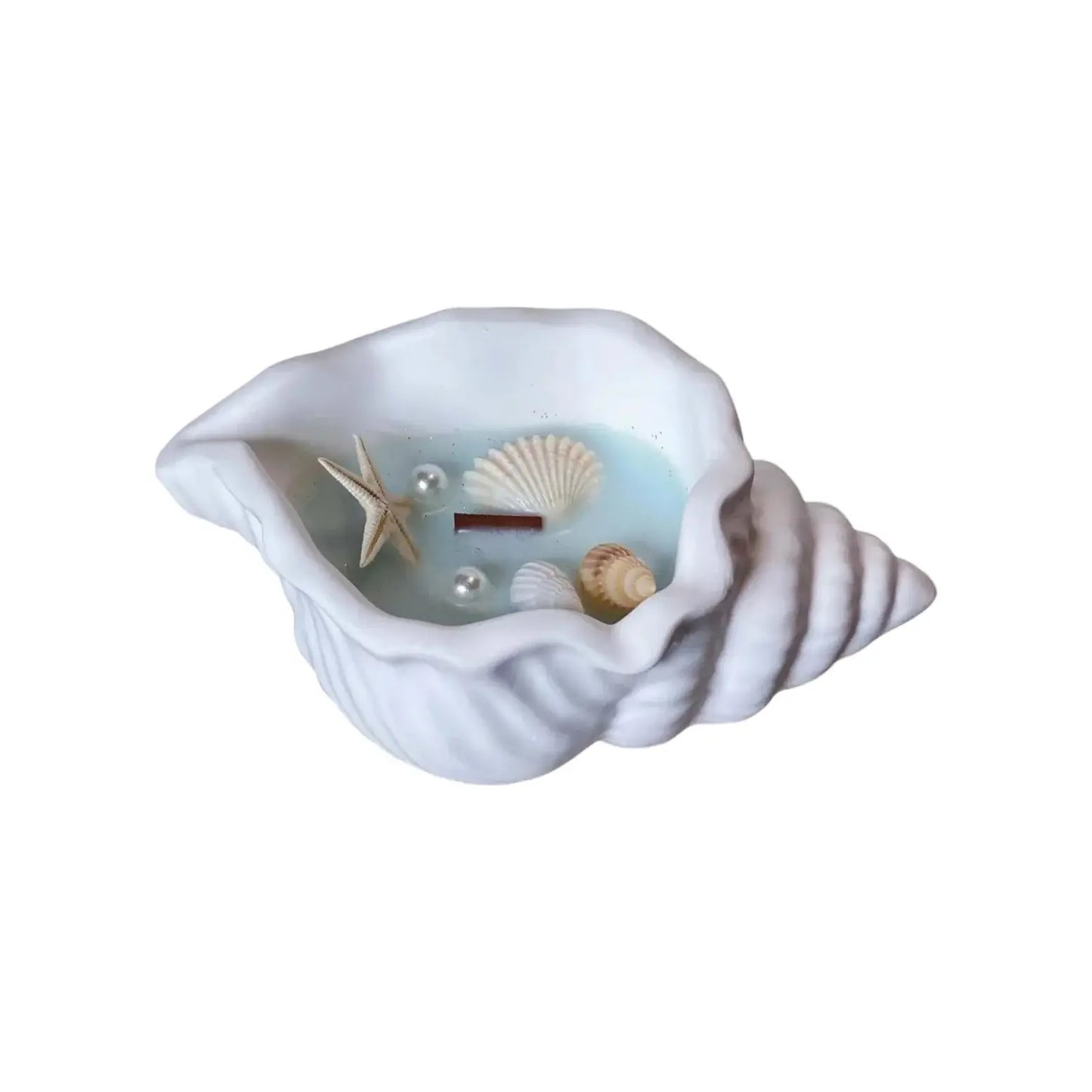 6" Light Blue High Tide Scented Candle In White Resin Novelty Holder With Shells - Homeroots - Flyclothing LLC
