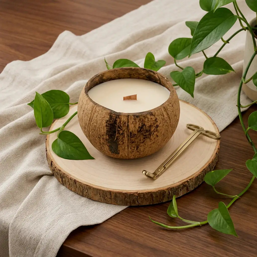 4" Ivory Coconut And Hibiscus Scented Candle In Brown Coconut Shell Holder - Homeroots - Flyclothing LLC