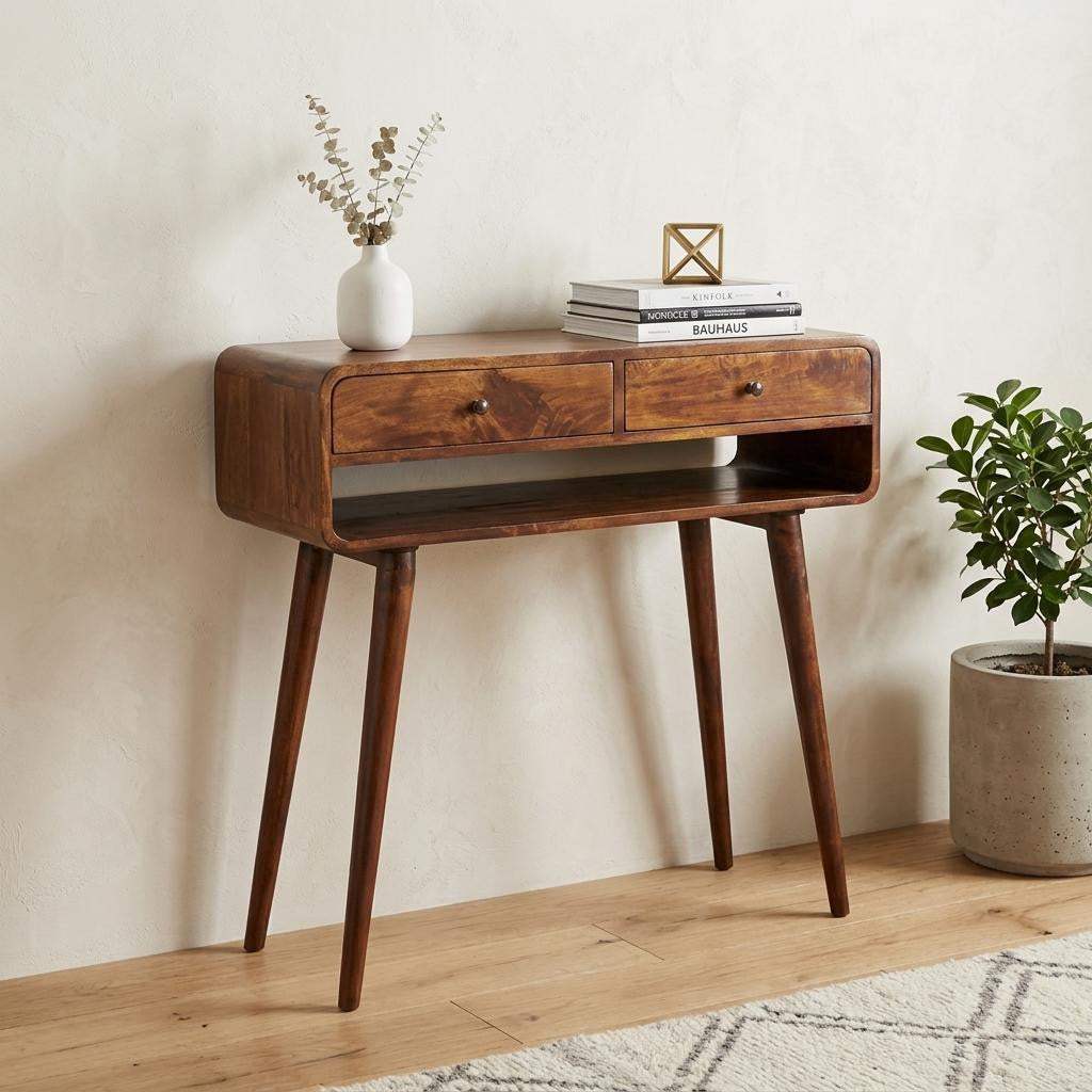 35" Chestnut Solid Wood Console Table With Shelf And Two Drawers - HomeRoots - Flyclothing LLC