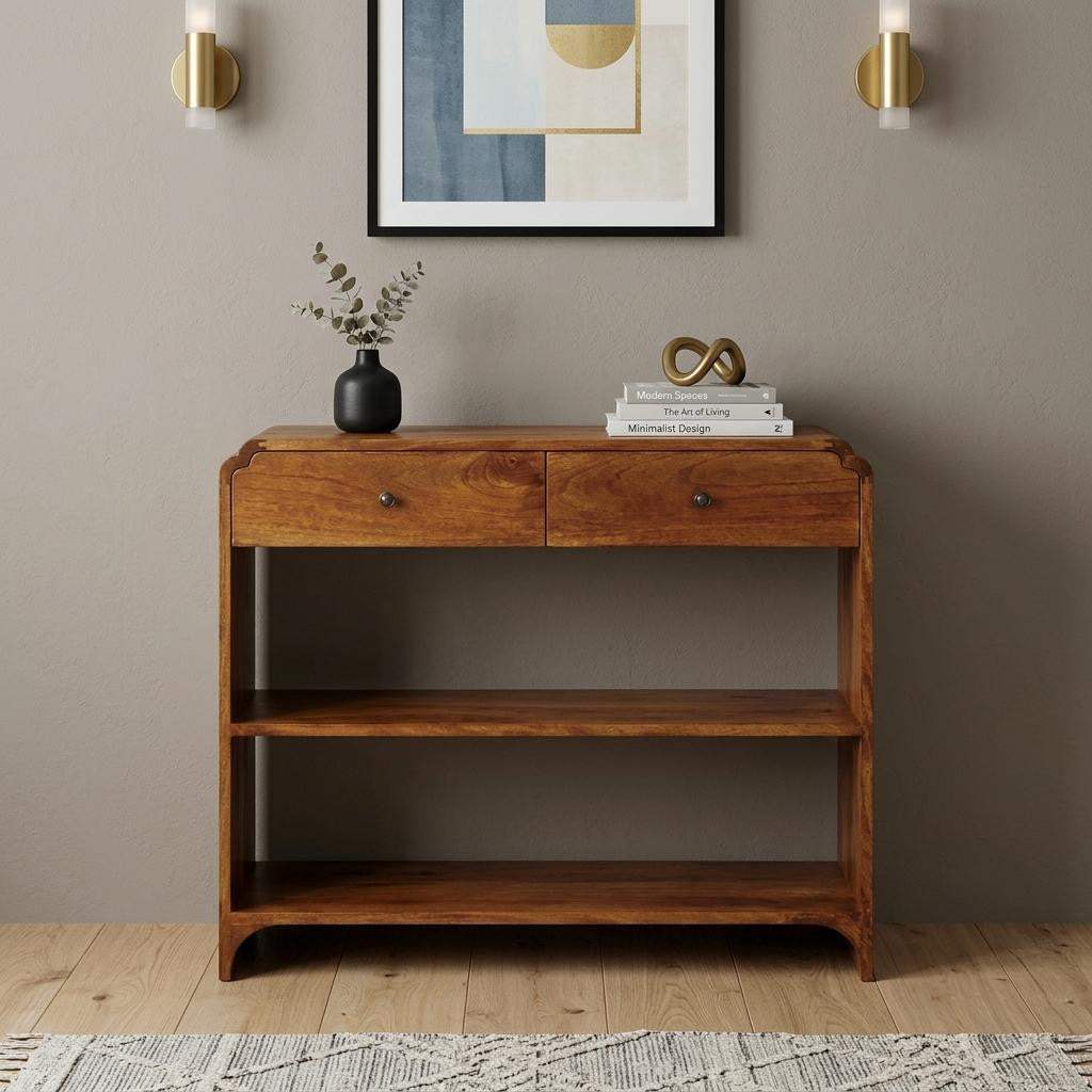 35" Chestnut Solid Wood Frame Console Table With Two Shelves And Two Drawers - HomeRoots - Flyclothing LLC