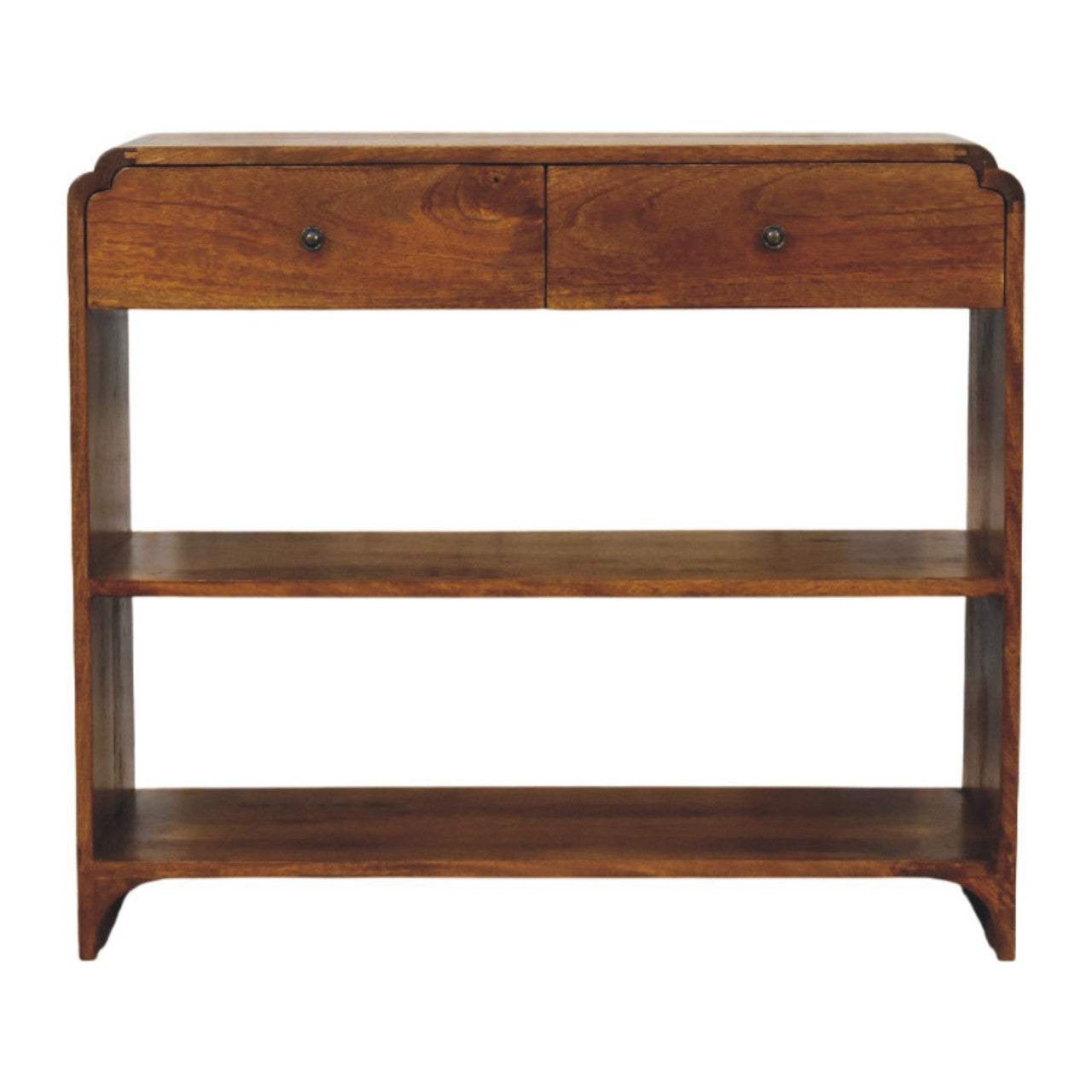 35" Chestnut Solid Wood Frame Console Table With Two Shelves And Two Drawers - HomeRoots - Flyclothing LLC