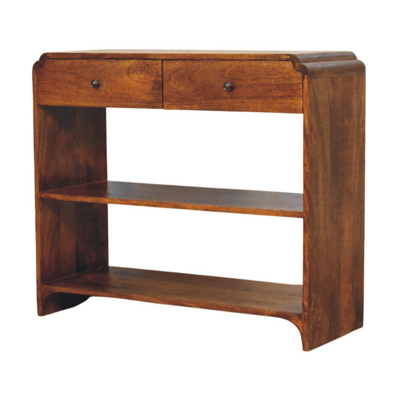 35" Chestnut Solid Wood Frame Console Table With Two Shelves And Two Drawers - HomeRoots - Flyclothing LLC