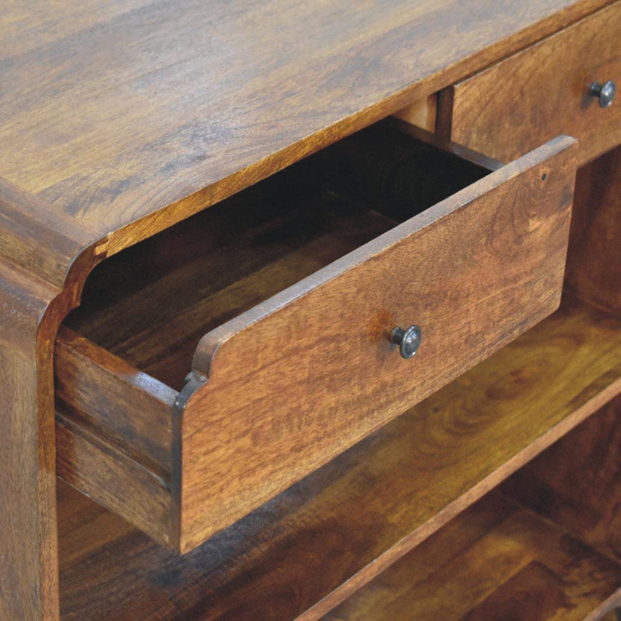 35" Chestnut Solid Wood Frame Console Table With Two Shelves And Two Drawers - HomeRoots - Flyclothing LLC