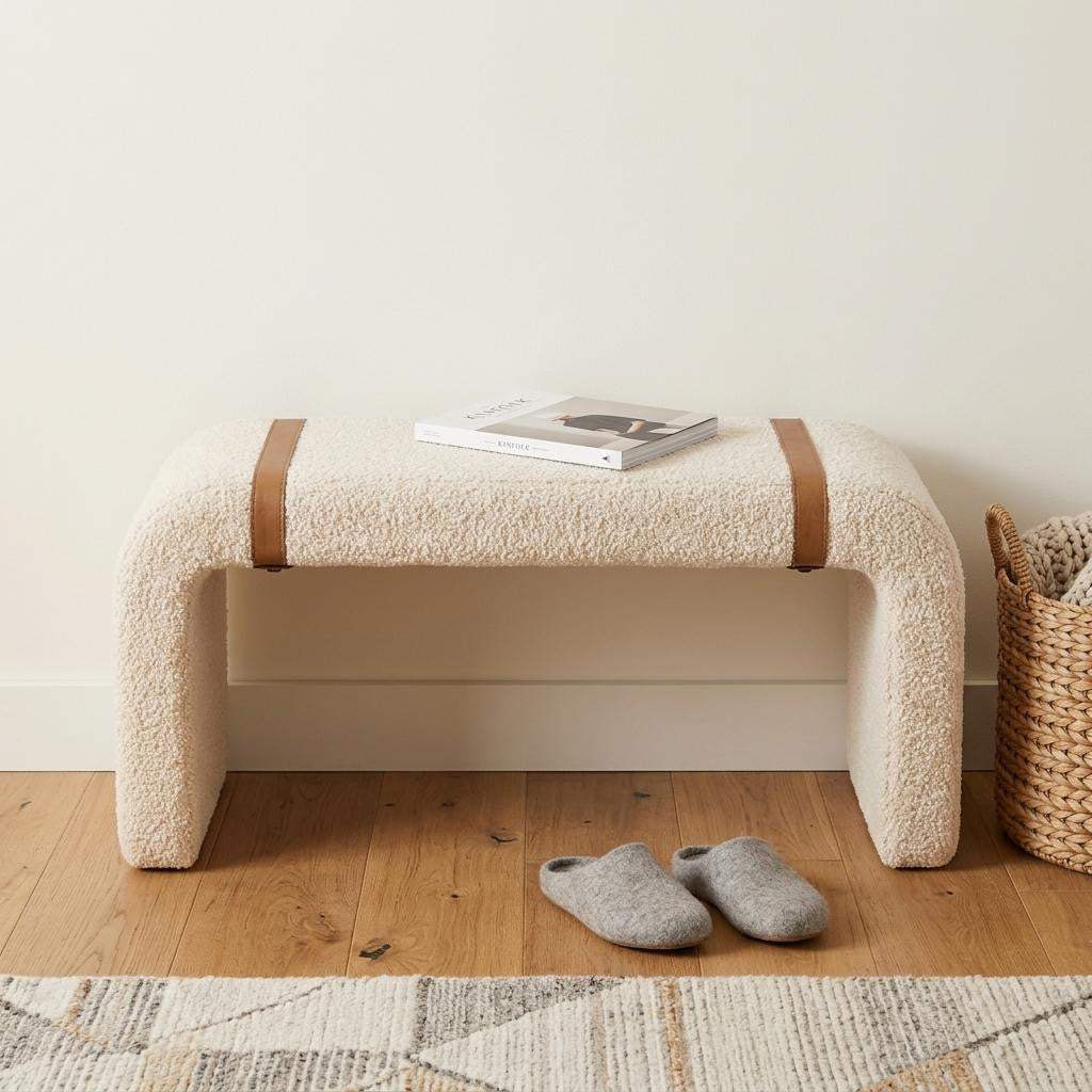 35" Beige and Brown Boucle and Leather Upholstered Bench - HomeRoots - Flyclothing LLC