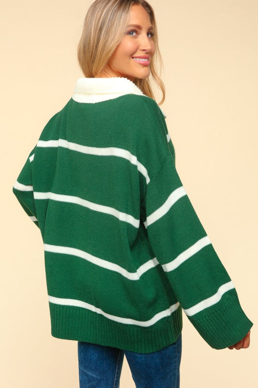 Haptics Collared Neck Striped Contrast Sweater - Trendsi