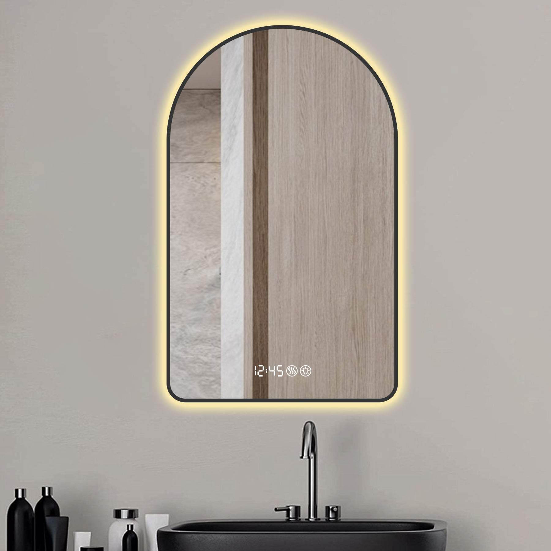 48" Black Aluminum Arch Lighted Framed Anti Fog Bathroom Vanity Mirror - HomeRoots - Flyclothing LLC