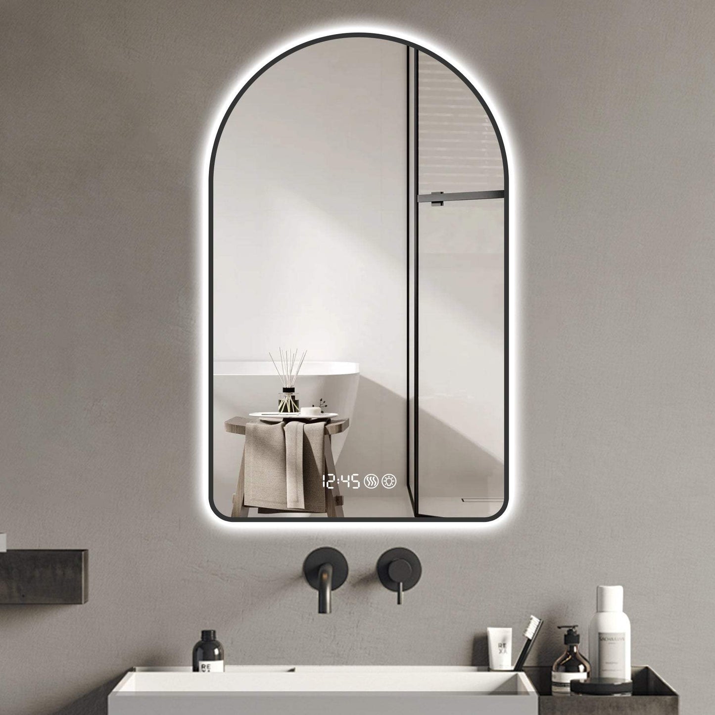 48" Black Aluminum Arch Lighted Framed Anti Fog Bathroom Vanity Mirror - HomeRoots - Flyclothing LLC