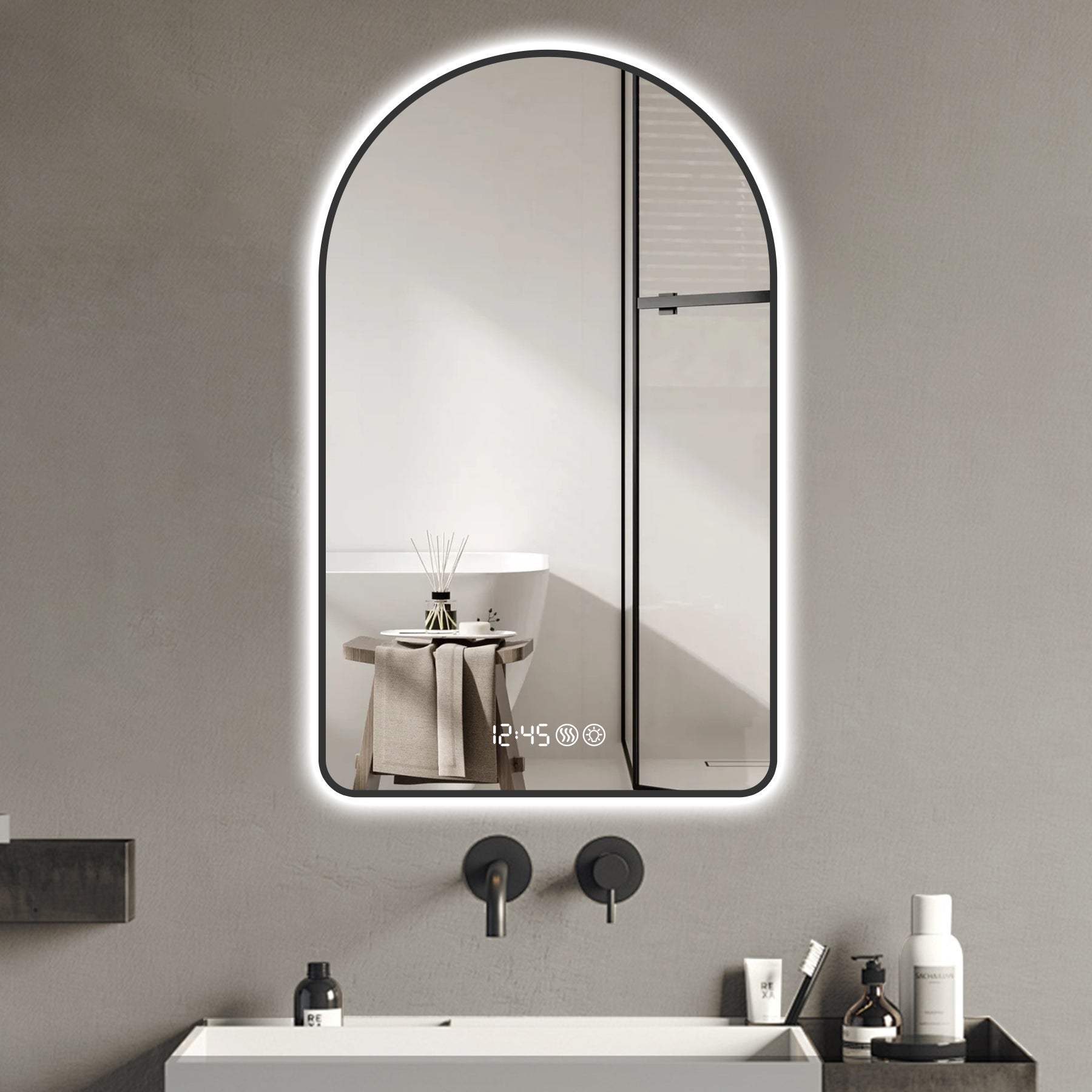 48" Black Aluminum Arch Lighted Framed Anti Fog Bathroom Vanity Mirror - HomeRoots - Flyclothing LLC